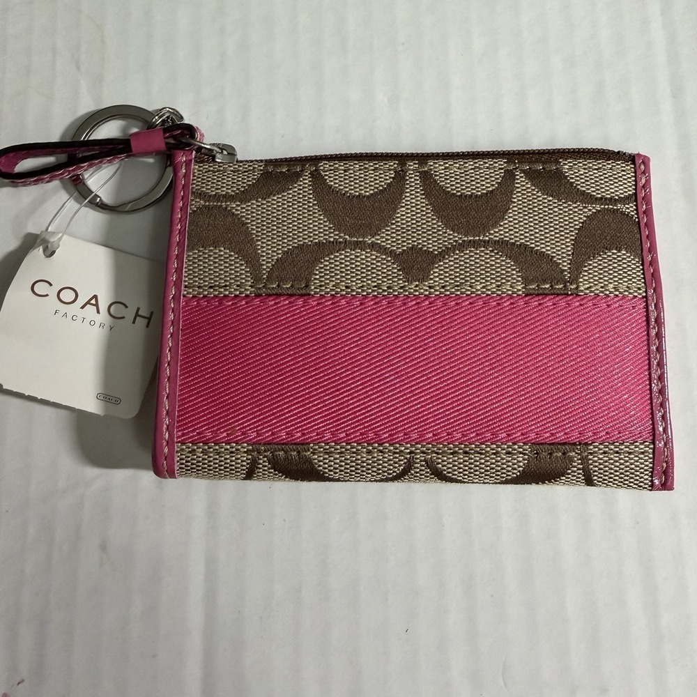 COACH Vintage Signature Mini Skinny Id Case Jacquard Leather Brown/Pink NEW - Picture 4 of 8